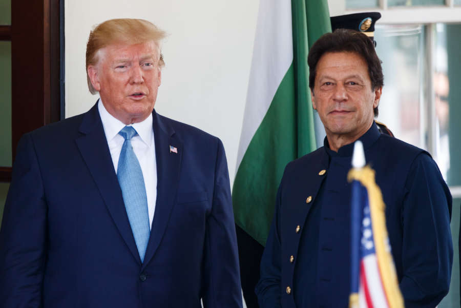 WASHINGTON D.C., July 23, 2019 (Xinhua) -- U.S. President Donald Trump (L) welcomes Pakistani Prime Minister Imran Khan at the White House in Washington D.C. July 22, 2019. (Photo by Ting Shen/Xinhua/IANS) by Liu Jie. 