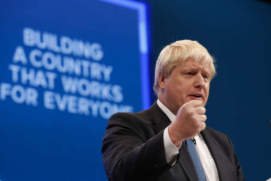 LONDON, June 20, 2019 (Xinhua) -- File photo taken on Oct. 3, 2017 shows then British Foreign Secretary Boris Johnson delivering his keynote speech during the Conservative Party Annual Conference 2017 in Manchester, Britain. Former Foreign Secretary Boris Johnson and his successor as foreign secretary Jeremy Hunt emerged on June 20, 2019 as the two politicians in the final battle to become the UK's next Prime Minister. (Xinhua/IANS) by . 