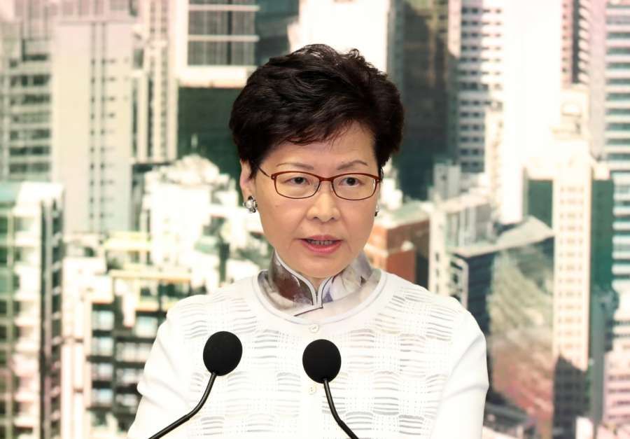 HONG KONG, June 15, 2019 (Xinhua) -- Hong Kong Special Administrative Region (HKSAR) Chief Executive Carrie Lam announces on June 15, 2019 that the HKSAR government will suspend the amendments to the Fugitive Offenders Ordinance and the Mutual Legal Assistance in Criminal Matters Ordinance until further communication and explanation work is completed. TO GO WITH "HKSAR chief executive announces suspension of fugitive law amendments, promises to continue explanation" (Xinhua/Li Gang/IANS) by . 
