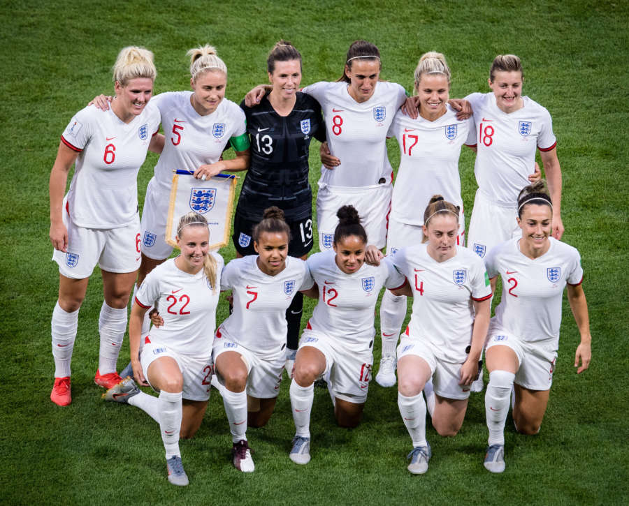 LYON, July 3, 2019 (Xinhua) -- Players of England pose for photos prior to the semifinal between the United States and England at the 2019 FIFA Women's World Cup at Stade de Lyon in Lyon, France on July 2, 2019. (Xinhua/Xiao Yijiu/IANS) by Xiao Yijiu. 