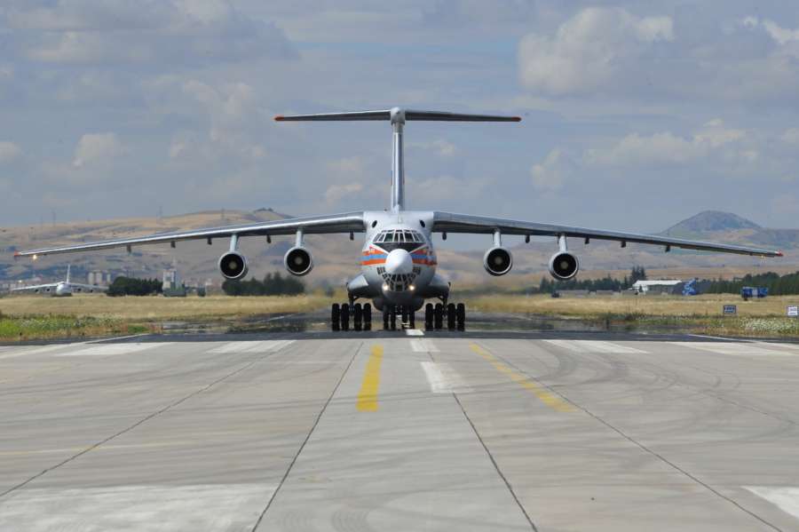 ANKARA, July 12, 2019 (Xinhua) -- A Russian Antonov military cargo plane, carrying parts of the S-400 missile defense system from Russia, lands at the Murted Air Base in Ankara, Turkey, on July 12, 2019. The first batch of Russian S-400 air defense system was delivered in Turkish capital city of Ankara on Friday, the Turkish Defense Ministry said. (Turkish Defense Ministry/Handout via Xinhua/IANS) by . 