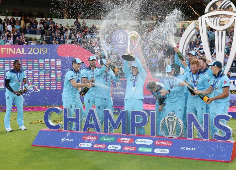London: England captain Eoin Morgan with 2019 World Cup at Lord's Cricket Ground in London on July 15, 2019. It took them 44 years, but England have finally done it. Neither a tied game, nor a spirited New Zealand could stop England from bringing the trophy home at the Lordâs on Sunday. It finally took a Super Over for England to be crowned winners of the 2019 World Cup.(Photo: Surjeet Yadav/IANS) by . 