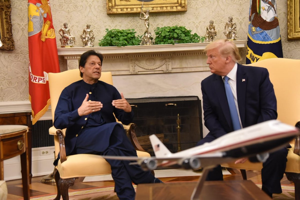 Washington: US President Donald Trump with Pakistan Prime Minister Imran Khan at their meeting at White House in Washington on July 22, 2019. (Photo: Twitter / @PTIofficial) by . 