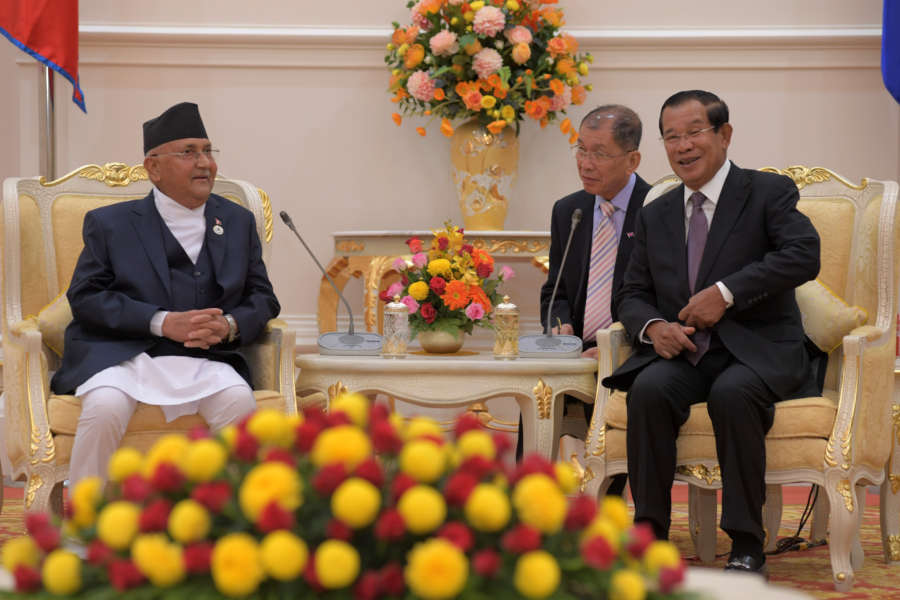 PHNOM PENH, May 13, 2019 (Xinhua) -- Cambodian Prime Minister Samdech Techo Hun Sen (R) meets with visiting Nepalese Prime Minister K.P. Sharma Oli (L) at the Peace Palace in Phnom Penh, Cambodia on May 13, 2019. Cambodia and Nepal signed on Monday two pacts to boost bilateral trade and investment, a Cambodian senior official said. (Xinhua/Sovannara/IANS) by Sovannara. 