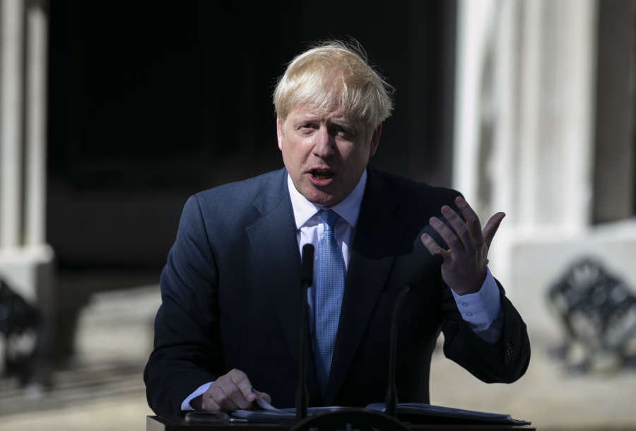 LONDON, July 24, 2019 (Xinhua) -- Newly elected Conservative Party leader and British Prime Minister Boris Johnson speaks at 10 Downing Street in London, Britain, July 24, 2019. Newly-elected Conservative Party leader Boris Johnson took office as the British prime minister on Wednesday amid the rising uncertainties of Brexit. The latest development came after Theresa May formally stepped down as the leader of the country and Johnson was invited by the Queen to form the government. (Xinhua/Han Yan/IANS) by Han Yan. 