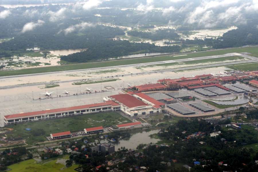 Kochi: An aerial view of flooded Kochi Airport, Kerala on Aug 9, 2019. (Photo: IANS) by . 