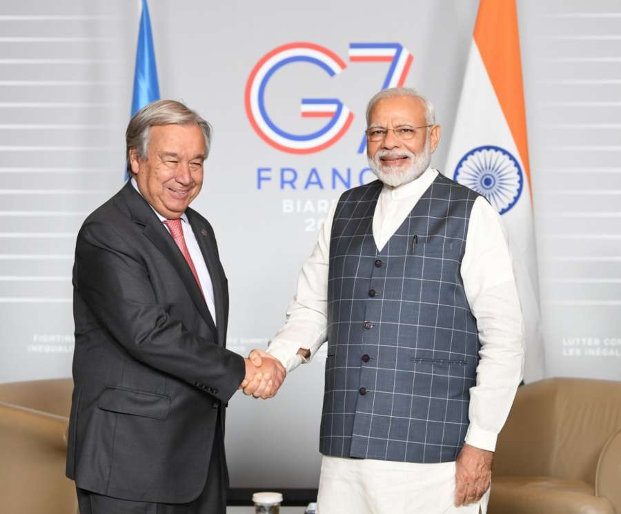 United Nations Secretary-General Antonio Guterres, left, and Prime Minister Narendra Modi at their meeting on Sunday, August 25, 2019, in Biarritz, France, on the sidelines of the G7 summit. (Photo: Modi's Tweet) by .