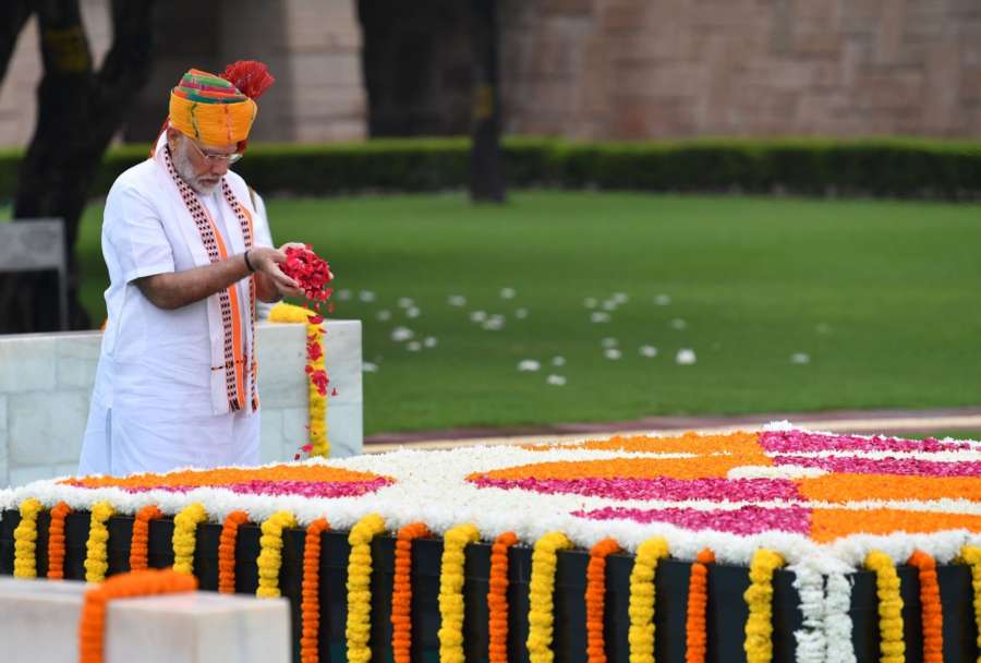 Rajghat: Prime Minister Narendra Modi pays homage at Samadhi of Mahatma Gandhi on Independence Day at Rajghat in New Delhi on Aug 15, 2019. (Photo: IANS/PIB) by . 