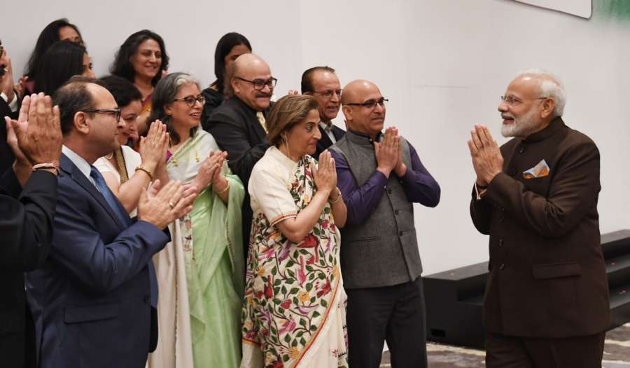 Houston: Prime Minister Narendra Modi meets a delegation of Kashmiri Pandits in Houston, US on Sep 22, 2019. (Photo: IANS/MEA) by .
