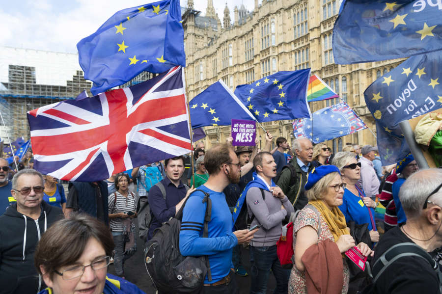 LONDON, Sept. 3, 2019 (Xinhua) -- Anti-Brexit protesters take part in a demonstration in London, Britain, on Sept. 3, 2019. British Prime Minister Boris Johnson on Tuesday lost a key Brexit vote in the House of Commons as anti-no deal MPs take control of the parliamentary business. (Photo by Ray Tang/Xinhua/IANS) by . 
