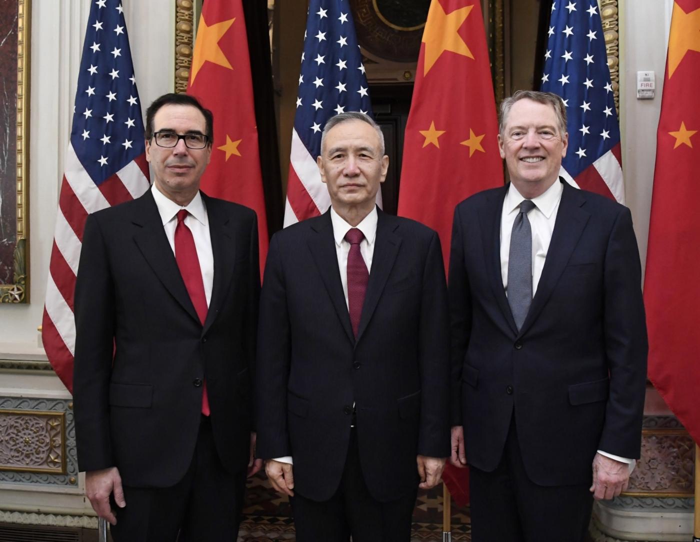 WASHINGTON, Feb. 21, 2019 (Xinhua) -- Chinese Vice Premier Liu He (C), who also comes as the special envoy of Chinese President Xi Jinping, U.S. Trade Representative Robert Lighthizer (R) and Treasury Secretary Steven Mnuchin co-chair the formal opening of a fresh round of high-level economic and trade talks at the Eisenhower Executive Office Building of the White House in Washington D.C., the United States, on Feb. 21, 2019. China and the United States on Thursday morning kicked off here a fresh round of high-level economic and trade talks. (Xinhua/Liu Jie/IANS) by .