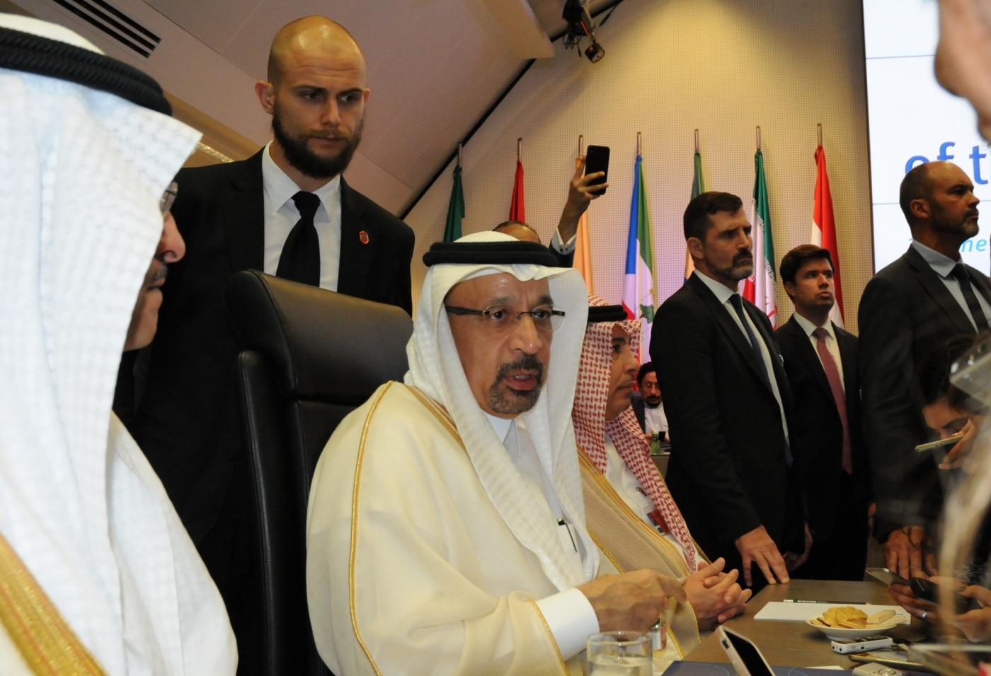 VIENNA, June 22, 2018 (Xinhua) -- Saudi Energy Minister Khalid Al-Falih (C) attends the Organization of the Petroleum Exporting Countries (OPEC) meeting in Vienna, Austria, on June 22, 2018. The Organization of the Petroleum Exporting Countries member states agreed at a meeting here Friday to increase the oil production. (Xinhua/Liu Xiang/IANS) by .