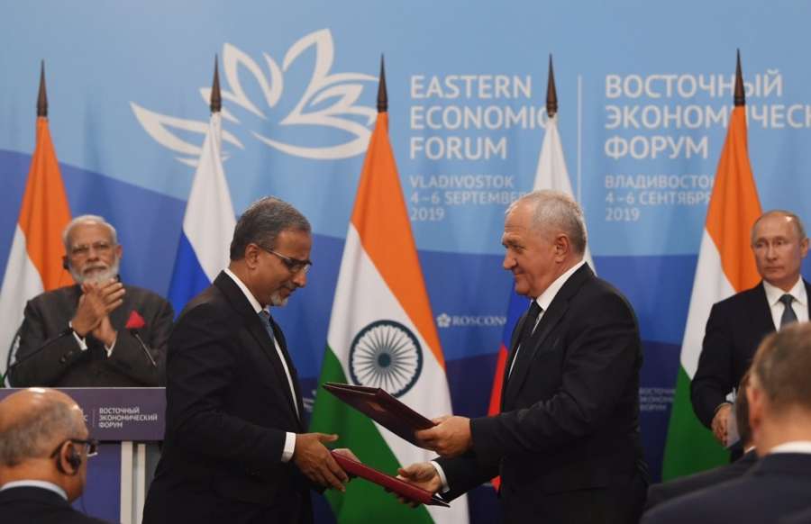 Vladivostok: Prime Minister Narendra Modi and Russian President Vladimir Putin witness the exchange of MoUs/Agreements ushering in new areas of cooperation including connectivity, deep sea exploration , space, energy among others, in Vladivostok on Sep 4, 2019. (Photo: IANS/MEA) by .