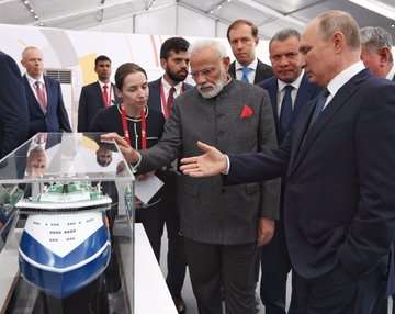 Vladivostok: Prime Minister Narendra Modi and Russian President Vladimir Putin visit the Zvezda ship-building facility which is being expanded and has scope for foreign investment on Sep 4, 2019. The facility, located in Russia's Far East, was used to decommission the nuclear submarines of erstwhile Soviet Union after the end of Cold War and is now in the process of building scores of ships. (Photo: IANS) by .