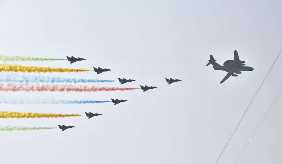 BEIJING, Oct. 1, 2019 (Xinhua) -- The leading echelon of aircraft takes part in a military parade during the celebrations marking the 70th anniversary of the founding of the People's Republic of China (PRC) in Beijing, capital of China, Oct. 1, 2019. (Xinhua/Chen Yichen/IANS) by Chen Yichen.