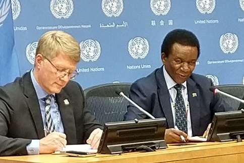 South Africa's Permanent Representative Jerry Matthews Matjila, right, who took over on Tuesday, October 1, 2019, as the Security Council president for October, speaks to reporters. With him is the political coordinator Marthinus van Schalkwyk. (Photo: Arul Louis/IANS) by .