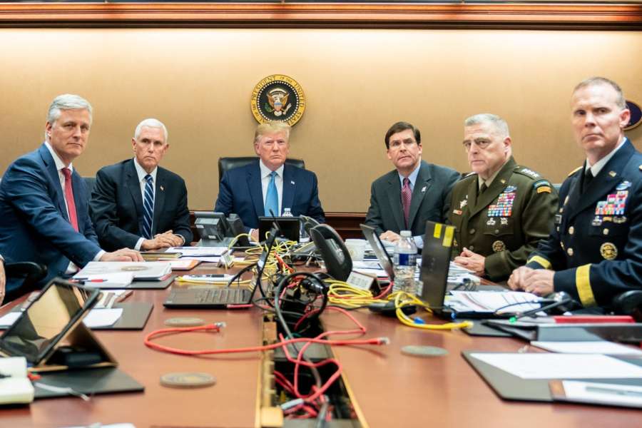 President Donald Trump is joined by Vice President Mike Pence, National Security Advisor Robert OâBrien, left; Secretary of Defense Mark Esper and Chairman of the Joint Chiefs of Staff U.S. Army General Mark A. Milley, and Brig. Gen. Marcus Evans, Deputy Director for Special Operations on the Joint Staff, at right, Saturday, Oct. 26, 2019, in the Situation Room of the White House monitoring developments as U.S. Special Operations forces close in on notorious ISIS leader Abu Bakr al-Baghdadiâs compound in Syria with a mission to kill or capture the terrorist. (Photo: White House/IANS) by . 