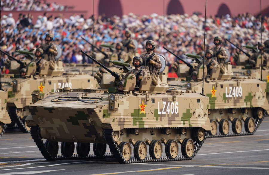 BEIJING, Oct. 1, 2019 (Xinhua) -- A formation of airborne fighting vehicles takes part in a military parade during the celebrations marking the 70th anniversary of the founding of the People's Republic of China (PRC), in Beijing, capital of China, Oct. 1, 2019. (Xinhua/Zhou Mi/IANS) by Zhou Mi. 