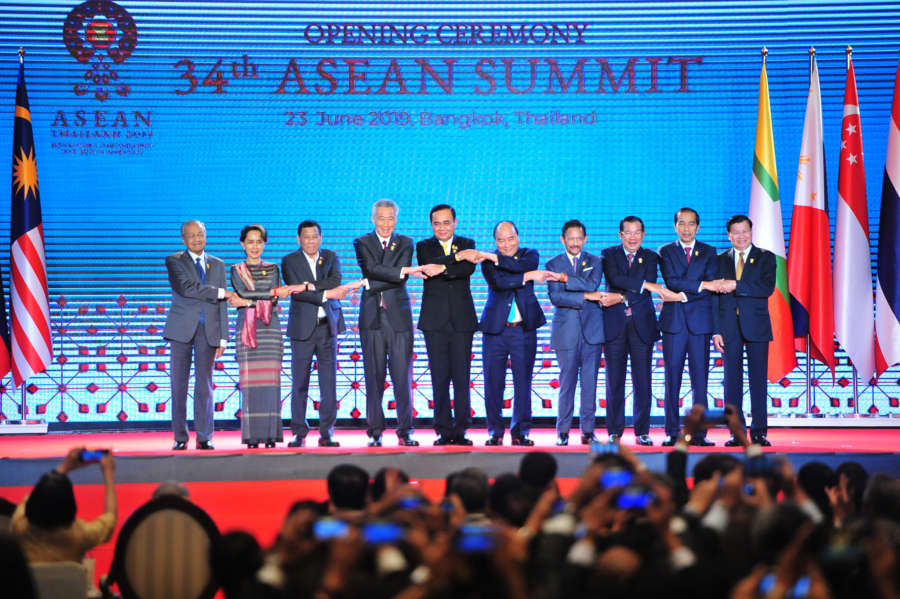 BANGKOK, June 23, 2019 (Xinhua) -- ASEAN leaders pose for a group photo during the opening ceremony of the Association of Southeast Asian Nations (ASEAN) Summit in Bangkok, Thailand, June 23, 2019. The opening ceremony of the 34th ASEAN Summit was held in Bangkok on Sunday. (Xinhua/Rachen Sageamsak/IANS) by Rachen Sageamsak.