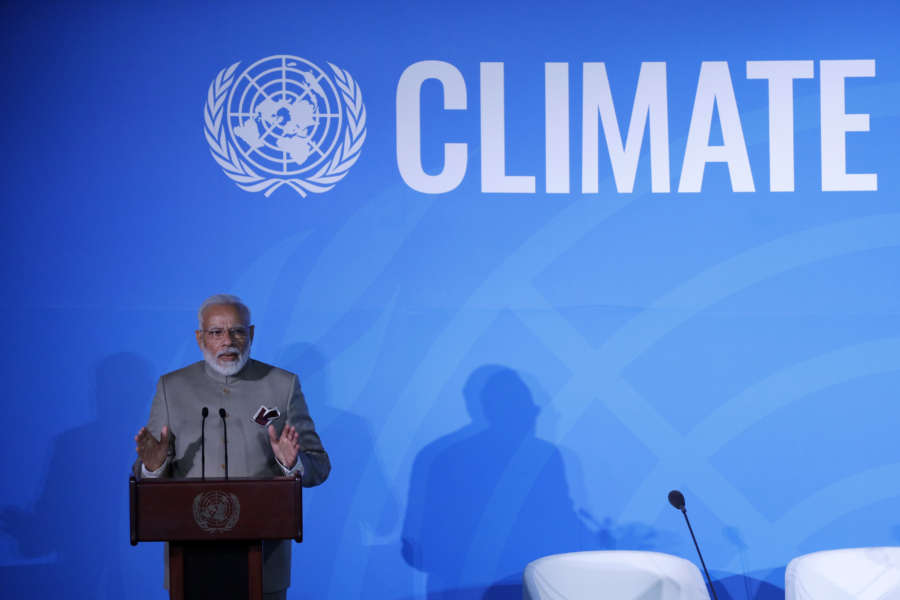 UNITED NATIONS, Sept. 24, 2019 (Xinhua) -- Prime Minister Narendra Modi addresses the UN Climate Action Summit at the UN headquarters in New York, Sept. 23, 2019. (Xinhua/Li Muzi/IANS) by Li Muzi.