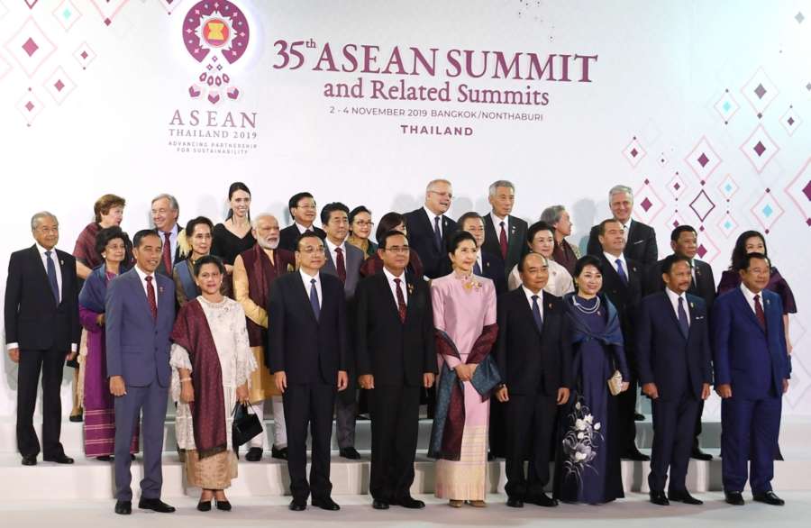 Bangkok: Prime Minister Narendra Modi in a group photograph with the other leaders, during the ASEAN Gala Dinner in Bangkok, Thailand on Nov 3, 2019. (Photo: IANS/PIB) by .