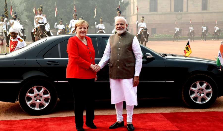 New Delhi: Prime Minister Narendra Modi welcomes German Chancellor Dr. Angela Merkel at the ceremonial reception organsied for her at Rashtrapati Bhavan in New Delhi on Nov 1, 2019. (Photo: IANS/PIB) by .