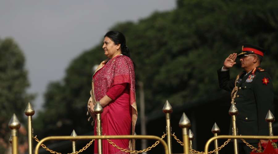 KATHMANDU, Sept. 19, 2018 (Xinhua) -- Nepalese President Bidhya Devi Bhandari takes part in a special function celebrating the Constitution Day at Nepal Army Pavilion in Kathmandu, Nepal, Sept. 19, 2018. Nepal, on Wednesday, observed the third Constitution Day also known as the National Day, marking the anniversary of the promulgation of the landmark constitution. (Xinhua/Sunil Sharma/IANS) by .