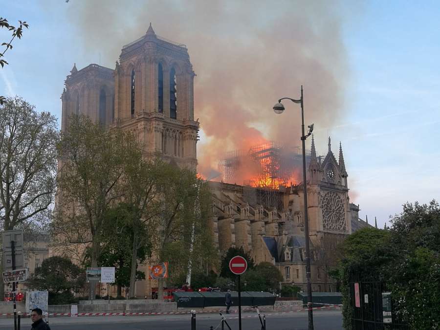 PARIS, April 15, 2019 (Xinhua) -- Flames and smoke rise from the Notre Dame Cathedral in central Paris, capital of France, on April 15, 2019. A blaze broke out on Monday afternoon at the Notre Dame Cathedral in central Paris where firefighters were still fighting to put the fire under control, Paris Mayor Anne Hidalgo said. (Xinhua/Xu Yongchun/IANS) by .