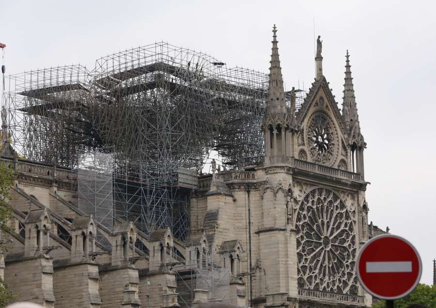 PARIS, April 16, 2019 (Xinhua) -- Photo taken on April 16, 2019 shows the damaged Notre Dame Cathedral after a fire in Paris, France. French President Emmanuel Macron on Tuesday vowed to rebuild Notre Dame Cathedral, devastated by fire on Monday evening, within five years, calling on the French to remain united. In early Monday evening, a fire broke out in the famed cathedral. Online footage showed thick smoke billowing from the top of the cathedral and huge flames between its two bell towers engulfing the spire and the entire roof which both collapsed later. (Xinhua/Gao Jing/IANS) by .