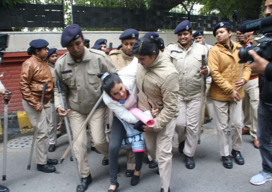 New Delhi: Protesters detained from Mandi House during their demonstration against Citizenship Amendment Act (CAA) 2019, in New Delhi on Dec 19, 2019. (Photo: IANS) by . 