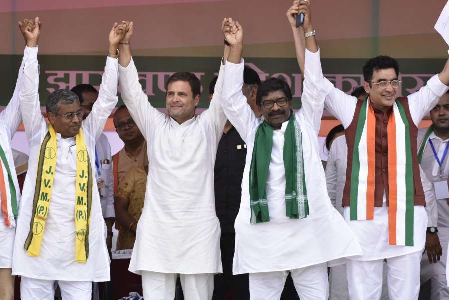 Simdega: Congress President Rahul Gandhi with Jharkhand Vikas Morcha (JVM) chief Babulal Marandi and Jharkhand Mutkti Morcha (JMM) Executive President Hemant Soren during a public rally to campaign for Congress' Lok Sabha candidate from Khunti, Kalicharan Munda ahead of the 2019 Lok Sabha elections in Jharkhand's Simdega, on May 2, 2019. (Photo: IANS) by .