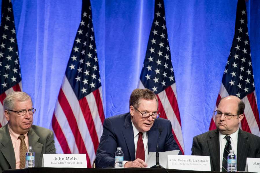 WASHINGTON, Aug. 16, 2017 (Xinhua) -- U.S. Trade Representative Robert Lighthizer (C) attends the first round of renegotiations on the North American Free Trade Agreement (NAFTA) in Washington D.C., the United States, on Aug. 16, 2017. The United States, Canada and Mexico on Wednesday kicked off the first round of renegotiations on the North American Free Trade Agreement (NAFTA) amid widespread uncertainty and anxiety over the future of the decades-old trilateral trade deal. (Xinhua/Ting Shen/IANS) by .
