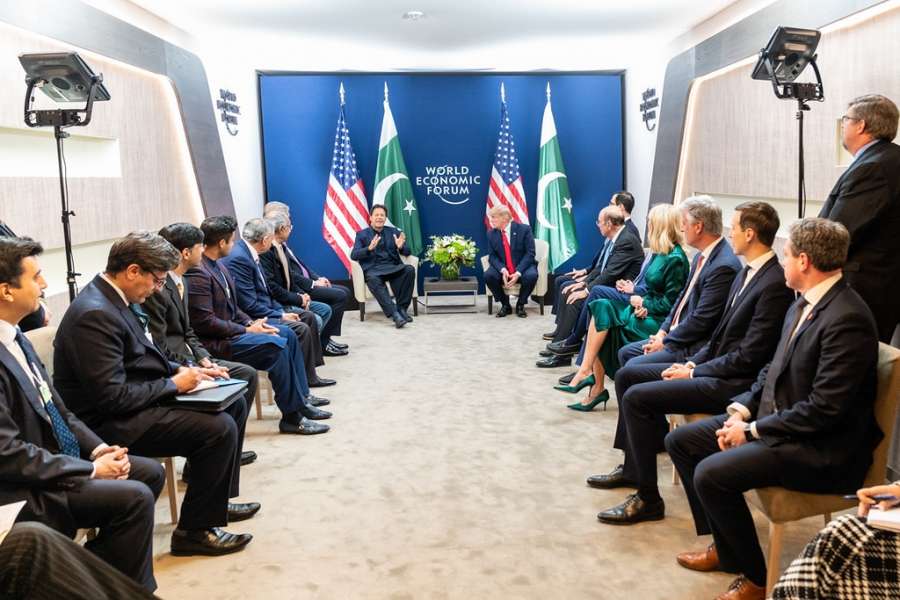 United States President Donald Trump and his officials, right, meet with Pakistan Prime Minister Imran Khan and his entourage, left, at Davos, Switzerland, on Tuesday, January 21, 2020. (Photo: White Houe/IANS) by . 