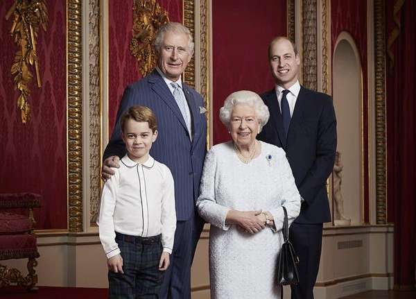 A portrait of the UK's Queen Elizabeth II with the next three heirs -- Prince Charles, Prince William, Prince George -- to the throne was released to mark the start of the new decade. by . 