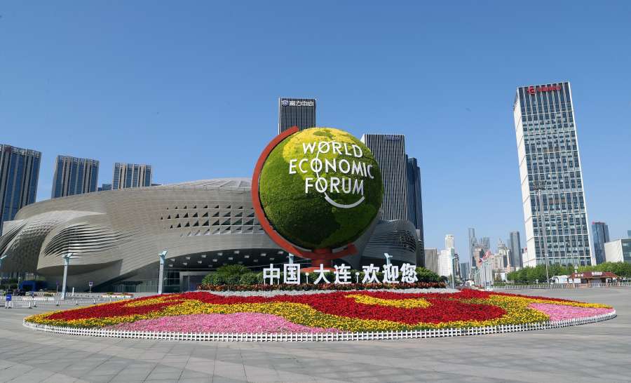 DALIAN, July 2, 2019 (Xinhua) -- Photo taken on July 2, 2019 shows the Dalian International Conference Center, venue of the Annual Meeting of the New Champions 2019, also known as Summer Davos, in Dalian, northeast China's Liaoning Province. The opening plenary of Summer Davos is held here on Tuesday. (Xinhua/Yang Qing/IANS) by .