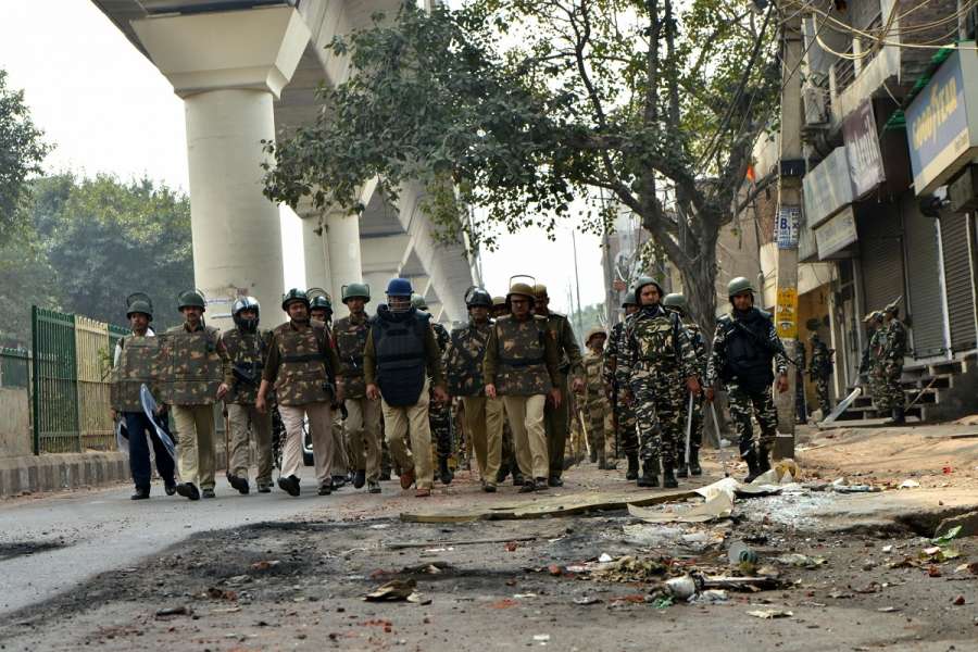 New Delhi: Security personnel patrol around the site after the riots at Maujpur Babarpur in New Delhi on Feb 26, 2020. (Photo: IANS) by . 