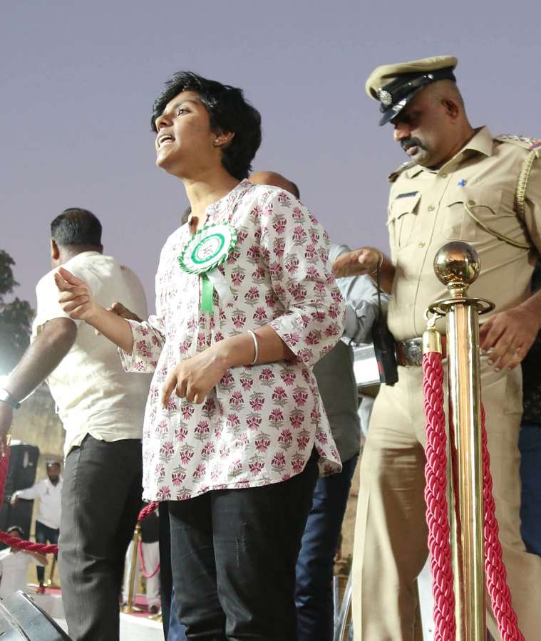 Bengaluru: Bengaluru: Karnataka police officials detain a student activist Amulya Leona, after she raised pro Pakistan slogans during a protest meeting against CAA, NRC and NPR organised by Hindu Muslim Sikh Isaai Federation, at Freedom Park in Bengaluru on Feb 20, 2020. (Photo: IANS) by . 