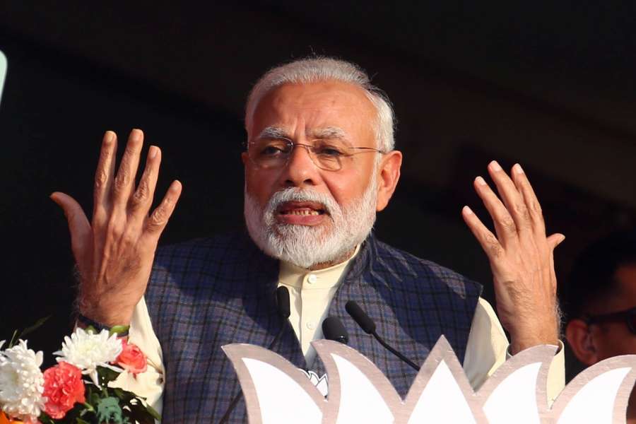 New Delhi: Prime Minister Narendra Modi addresses during 'Vijay Sankalp' rally organised by the BJP ahead of February 8 Delhi Assembly elections, at Karkardooma's CBD Ground in New Delhi on Feb 3, 2020. (Photo: IANS) by .
