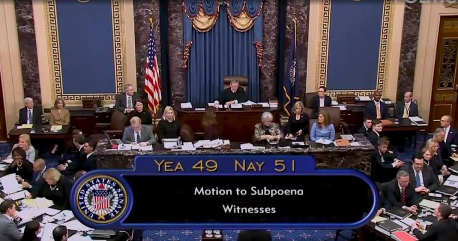 United States Supreme Court Chief Justice John Roberts announces the results of the vote on calling witnesses to the trial of President Donald Trump in the Senate on Friday, January 31, 2020. The motion to call witnesses proposed by Democrats was defeated 51-49. (Photo: Senate video) by . 