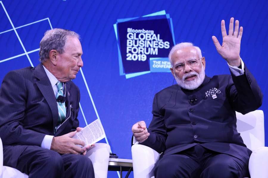 New York: Prime Minister Narendra Modi interacts with Bloomberg LP and Bloomberg Philanthropies Founder and former mayor of New York City, Michael R Bloomberg during the the third annual Bloomberg Global Business Forum (GBF) at The Plaza Hotel in New York on Sep 25, 2019. (Photo: Mohammed Jaffer/IANS) by .