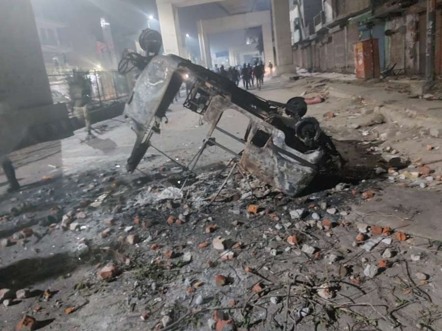 New Delhi: A view of vehicles which was gutted during the violence in Maujpur and Jafrabad in New Delhi on Feb 24, 2020. (Photo: IANS) by .