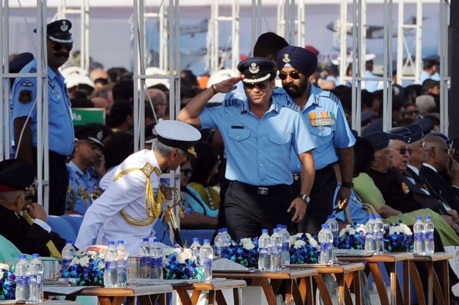 Ghaziabad: Navy Chief Admiral Karambir Singh and Cricket legend and honorary Group Captain Sachin Tendulkar during the 87th anniversary celebrations of the Indian Air Force (IAF) at Hindon Air Force Station in Ghaziabad, on Oct 8, 2019. (Photo: IANS) by .