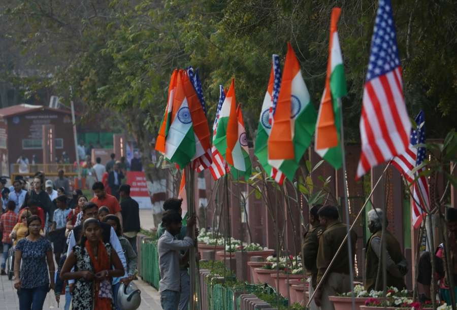 Agra: An Agra street decorated with Indian and American flags on the eve of US President Donald Trump's visit to the city of Taj, on Feb 23, 2020. (Photo: Bidesh Manna/IANS) by . 