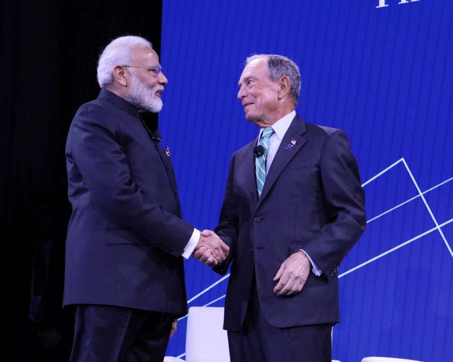 New York: Prime Minister Narendra Modi with Bloomberg LP and Bloomberg Philanthropies Founder and former mayor of New York City, Michael R Bloomberg during the the third annual Bloomberg Global Business Forum (GBF) at The Plaza Hotel in New York on Sep 25, 2019. (Photo: Mohammed Jaffer/IANS) by . 