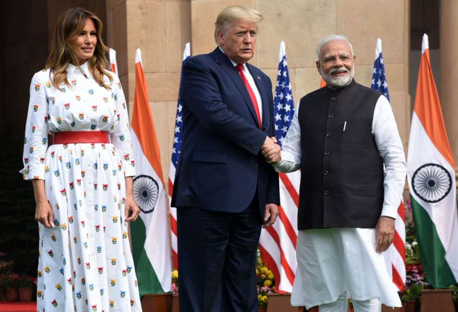 New Delhi: Prime Minister Narendra Modi receives US President Donald Trump and First Lady Melania Trump at the Hyderabad House in New Delhi on Feb 25, 2020. (Photo: IANS/PIB) by . 
