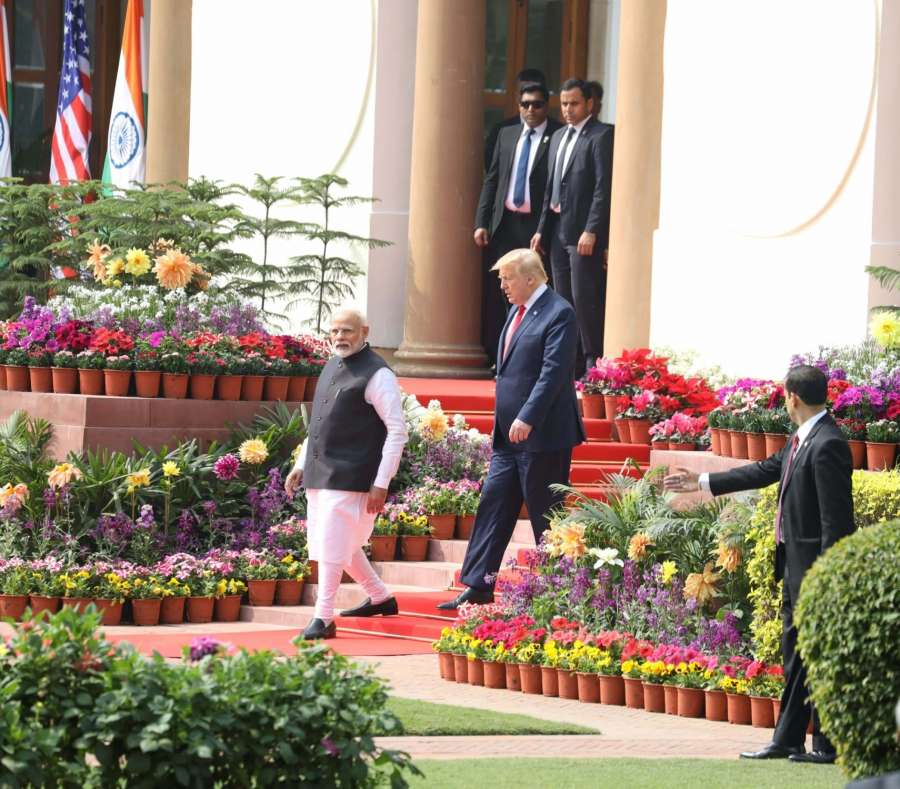 New Delhi: Prime Minister Narendra Modi and US President Donald Trump arrive to address Joint Press Meet at Hyderabad House in New Delhi on Feb 25, 2020. (Photo: IANS) by .