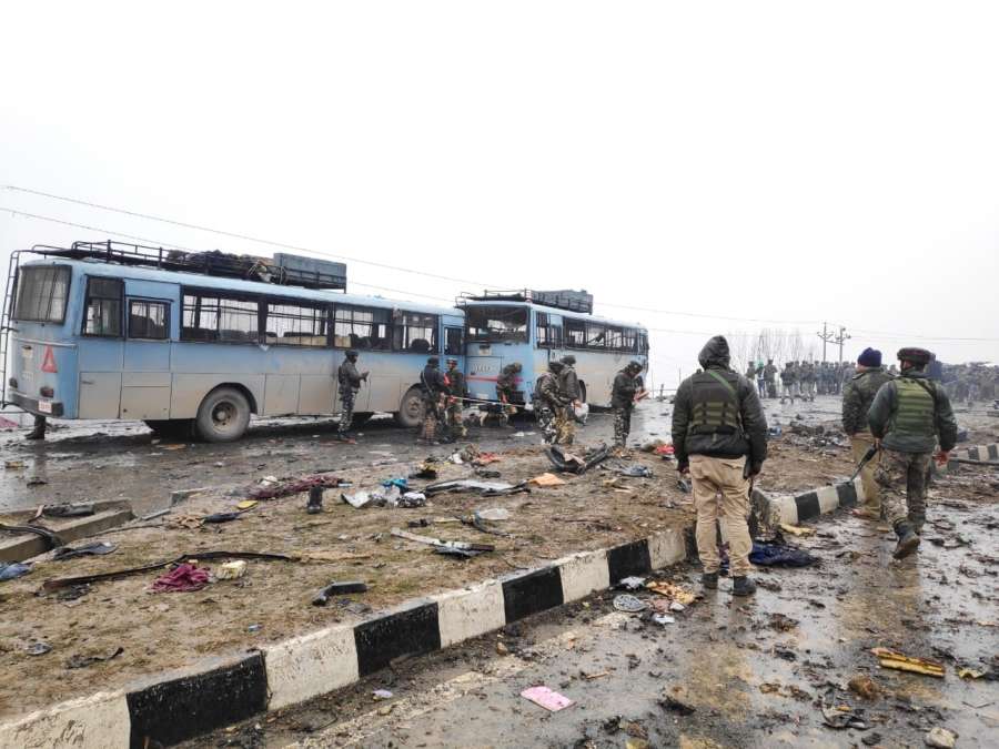 The site on on the Srinagar-Jammu highway where 40 Central Reserve Police Force (CRPF) troopers were killed in a suicide attack by militants in Jammu and Kashmir's Pulwama district on Feb 14, 2019. (File Photo: IANS) by . 