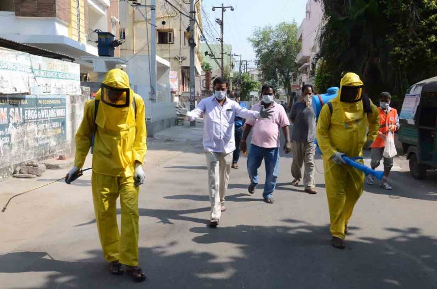 Hyderabad: Disinfectants being sprayed across different areas of Hyderabad on Day 4 of the lockdown imposed in the wake of the coronavirus pandemic, on March 28, 2020. (Photo IANS) by . 