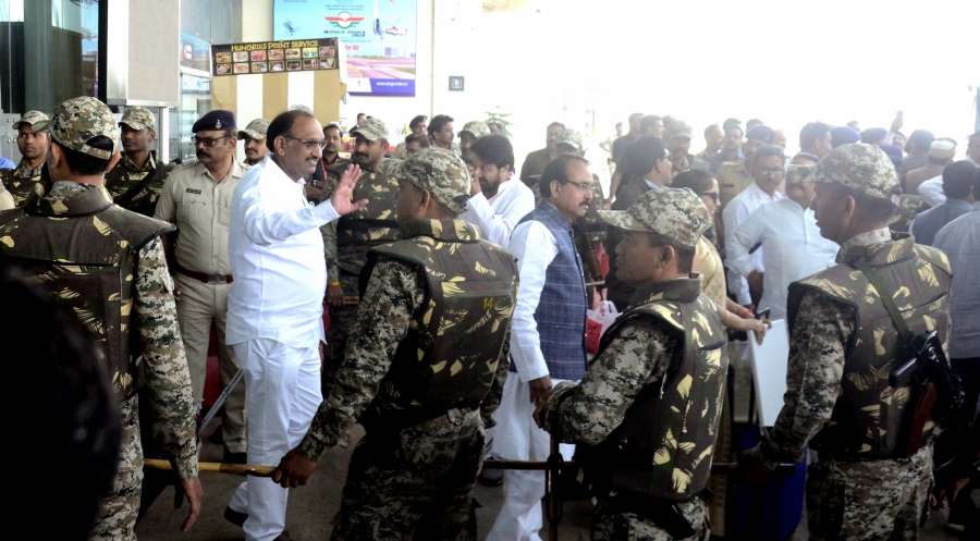 Bhopal: Congress MLAs arrive at Bhopal airport from Jaipur amid tight security ahead of floor test, on March 15, 2020. A total of 94 Congress MLAs along with four independents arrived at Bhopal airport on Sunday amid high expectancy and were driven straight to a hotel in four luxury coaches. The Kamal Nath government will have to go through the floor test on Monday. (Photo: IANS) by . 