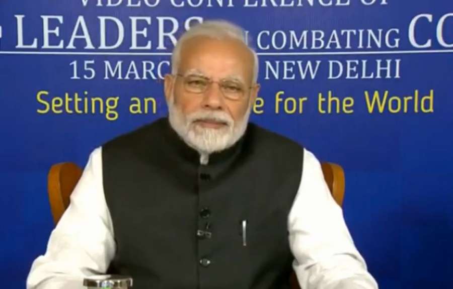 New Delhi: Prime Minister Narendra Modi interacts with the leaders of SAARC nations on combating COVID-19 (Coronavirus) pandemic, via video conferencing in New Delhi on March 15, 2020. (Photo: IANS/PIB) by . 
